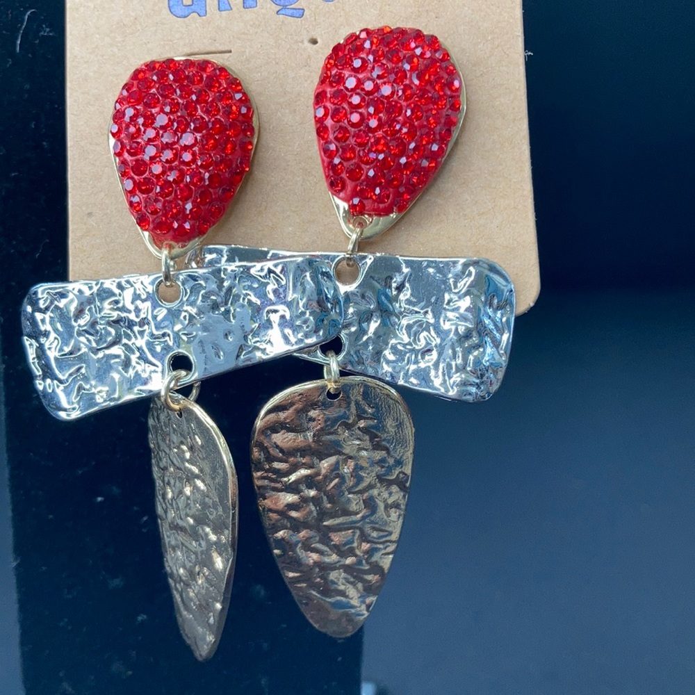 GOLD SILVER AND RUBY RED EARRINGS